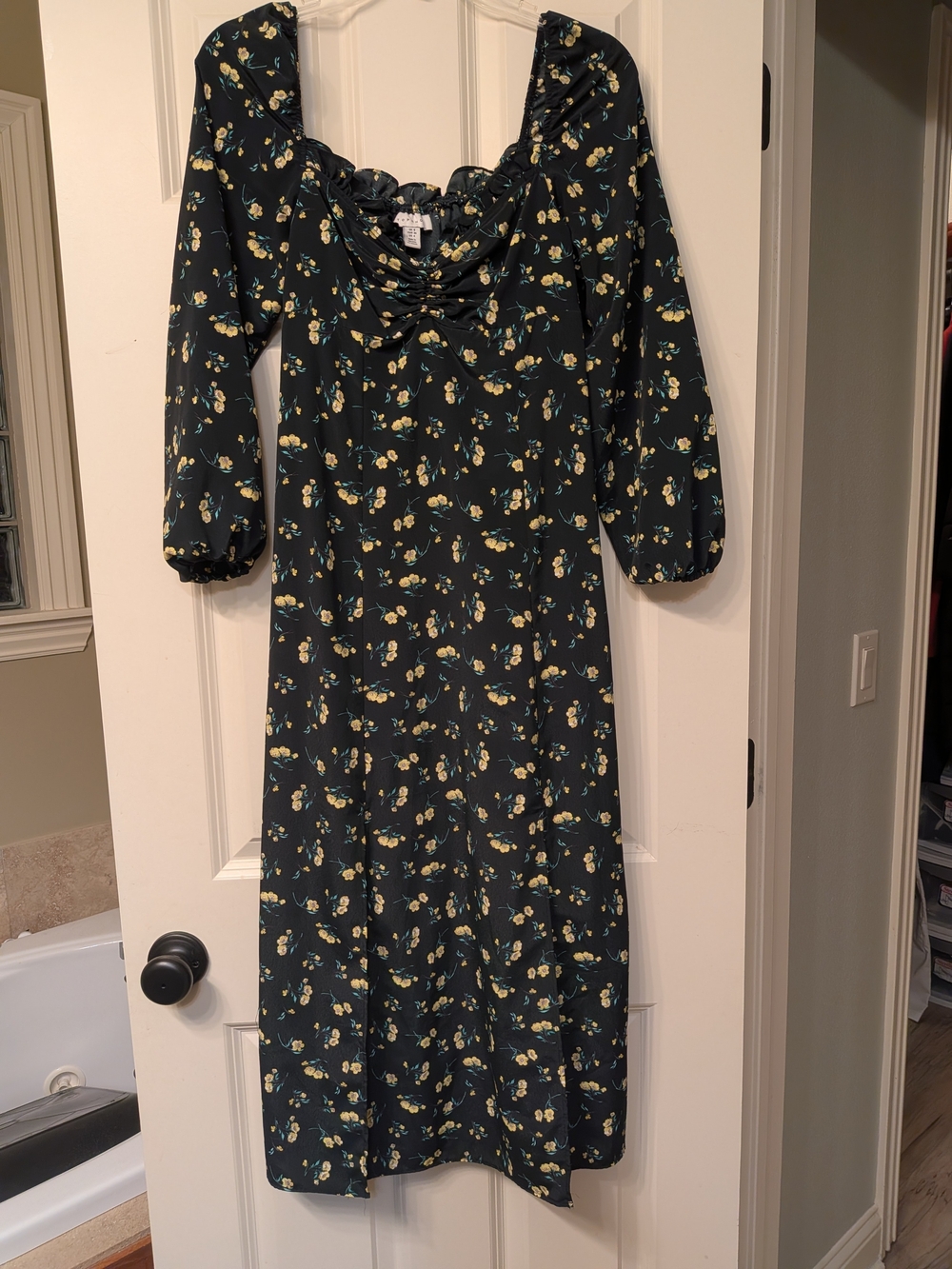 Topshop Black Midi Dress with Yellow Floral Print